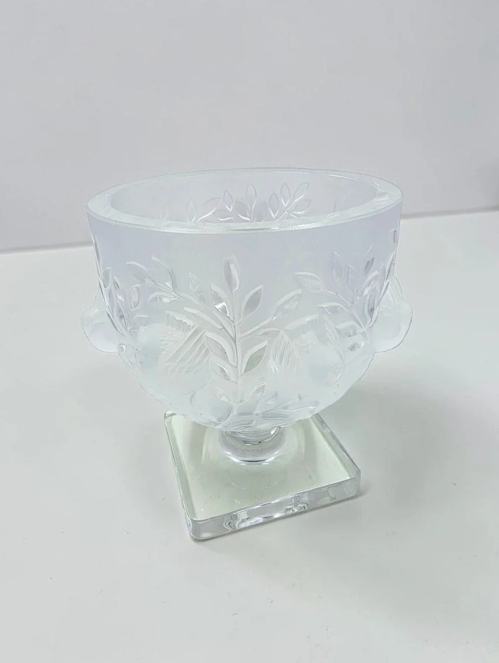 Lalique France Elisabeth Fauna & Flora Frosted Crystal Vase Square Pedestal